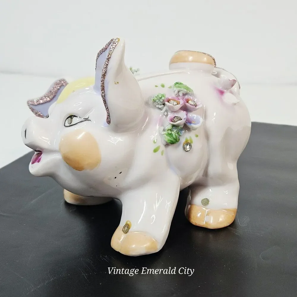 Vtg Lefton Piggy Bank Hand Painted Applied Flowers Rhinestones Vintage 1950 READ